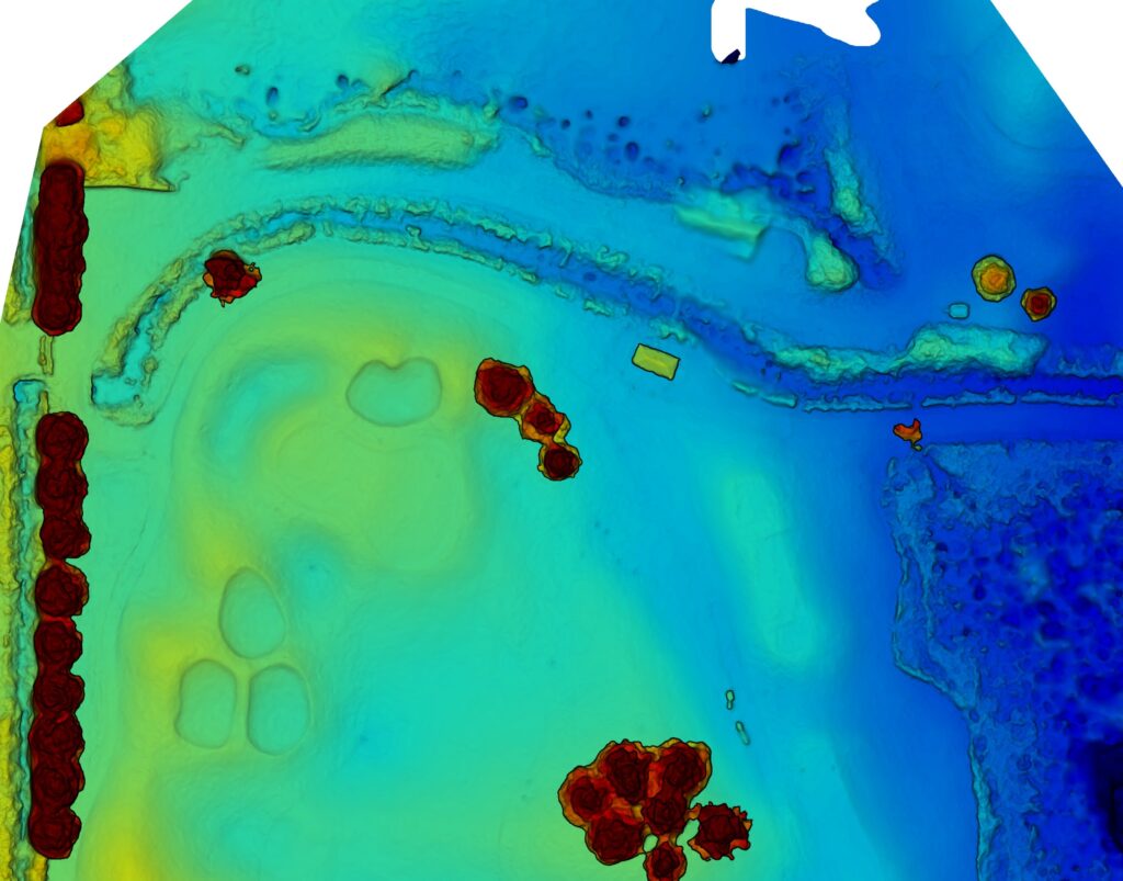 Orthomosaic image created using drone imagery with an elevation index applied to a section of a golf course